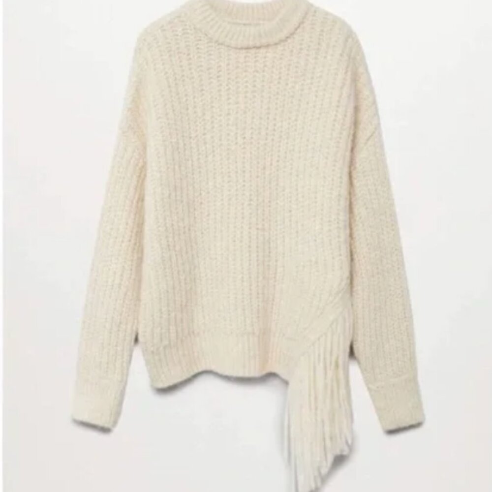Mango MNG Cream Heavy Knit Long Sleeve High Neck Fringe Sweater